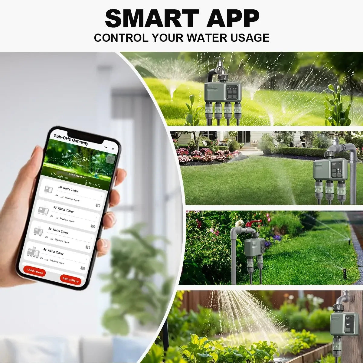 A smartphone displaying a smart irrigation app alongside images of a multi-zone watering system in various garden settings.