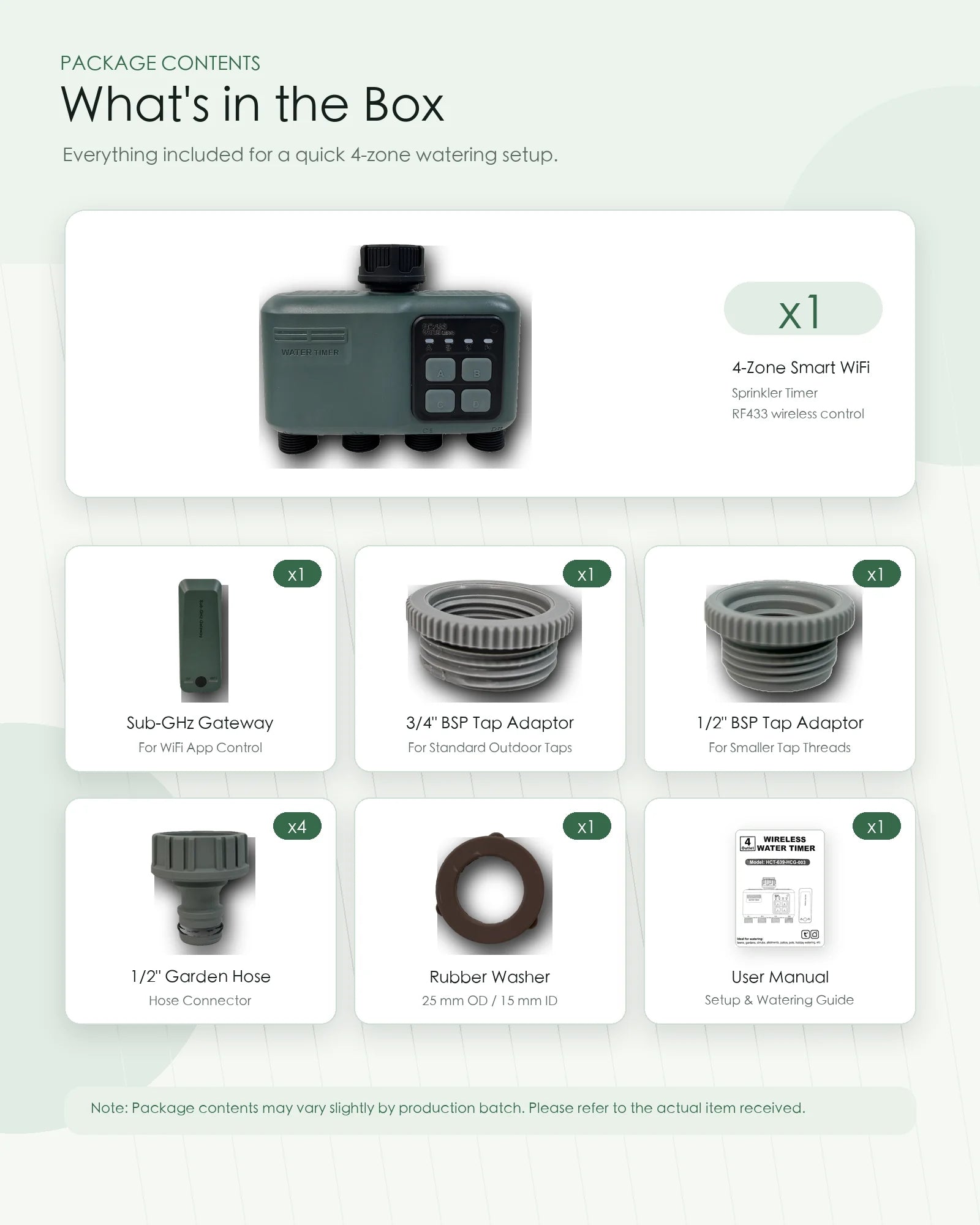 Johgee 4-zone smart water timer package contents with gateway BSP tap adaptors and hose connectors